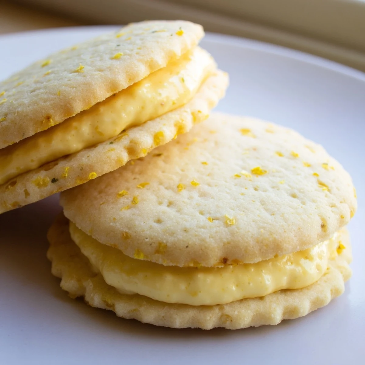 Golden vegan lemon sandwich cookies with creamy citrus filling on a rustic plate