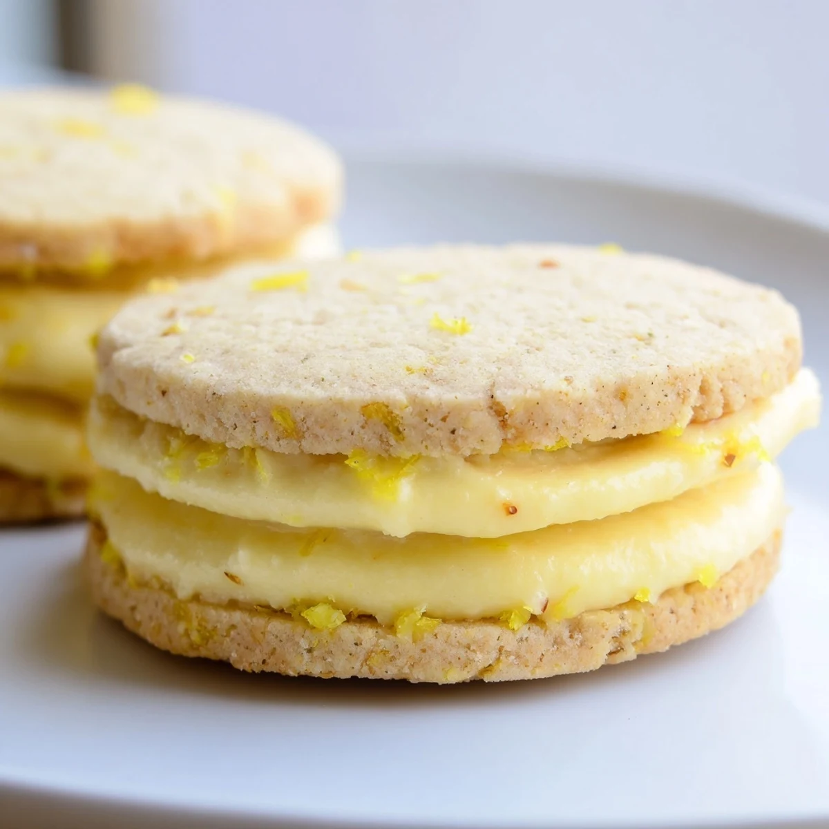 Vegan lemon sandwich cookies pressed with fork marks and dusted with powdered sugar