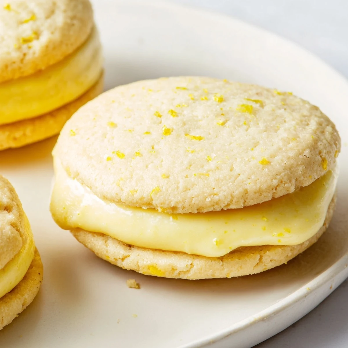 Creamy lemon filling oozes from tender vegan lemon sandwich cookies fresh from the oven