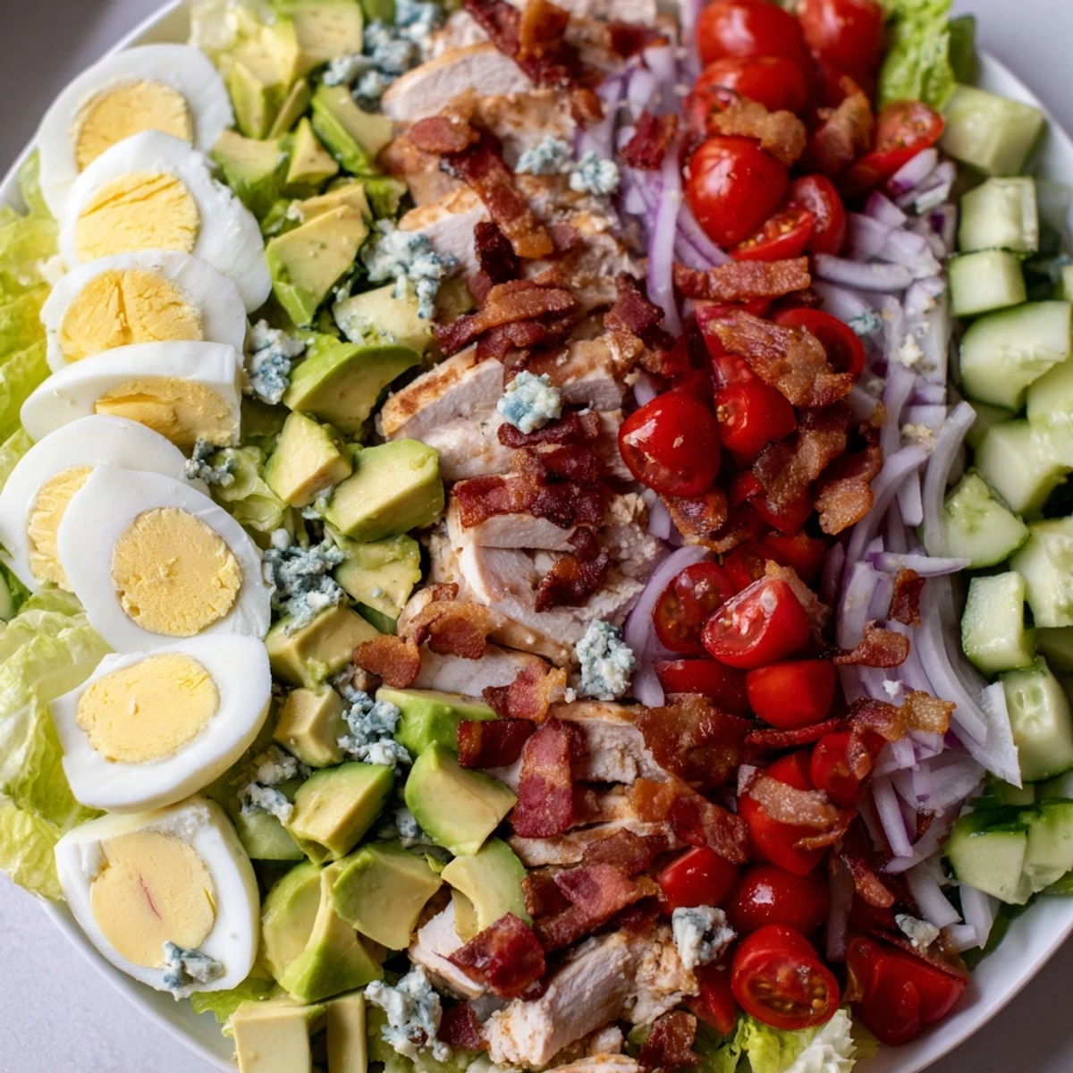 Crispy bacon and grilled chicken top this colorful high protein Cobb Salad platter