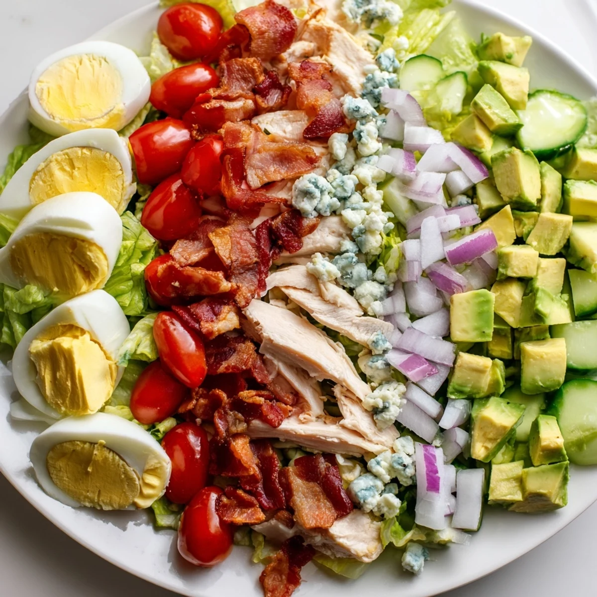 Creamy avocado and ripe tomatoes arranged over a classic Cobb Salad with blue cheese