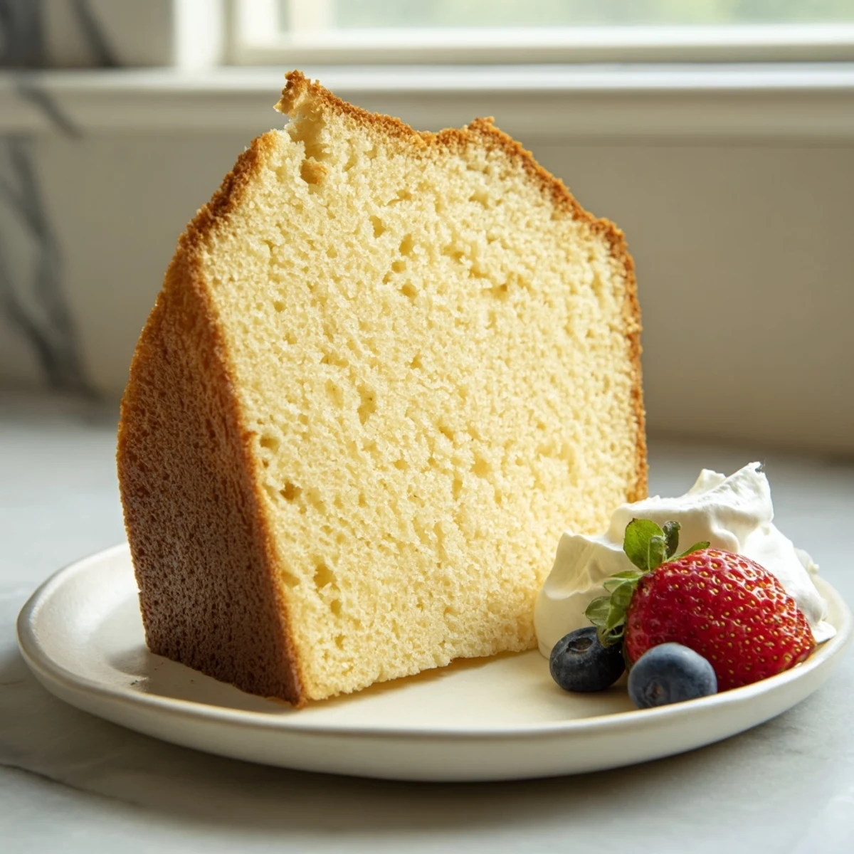 Golden pound cake slice with a tender crumb served on a white plate