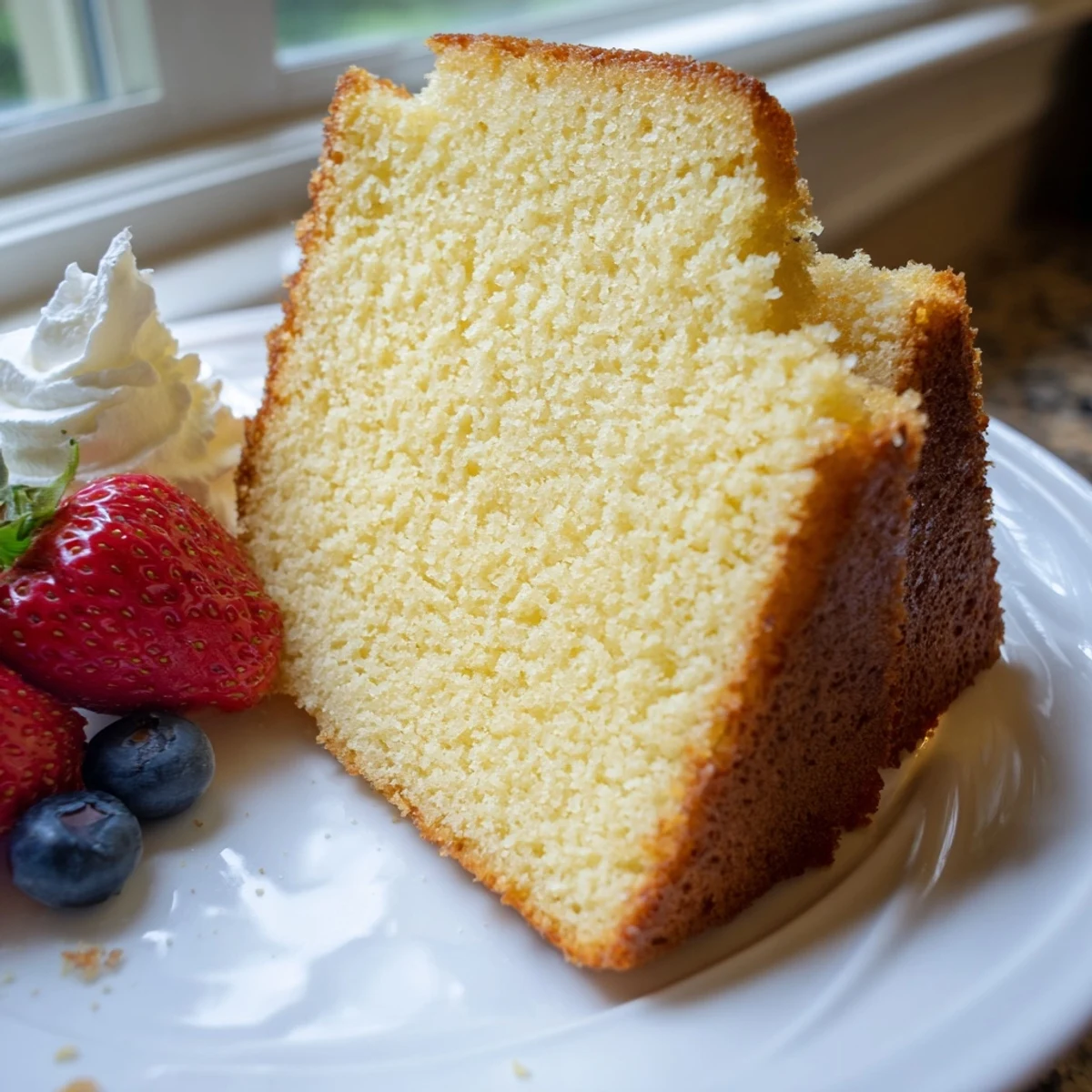 Classic homemade pound cake fresh from the oven with a crackly golden crust