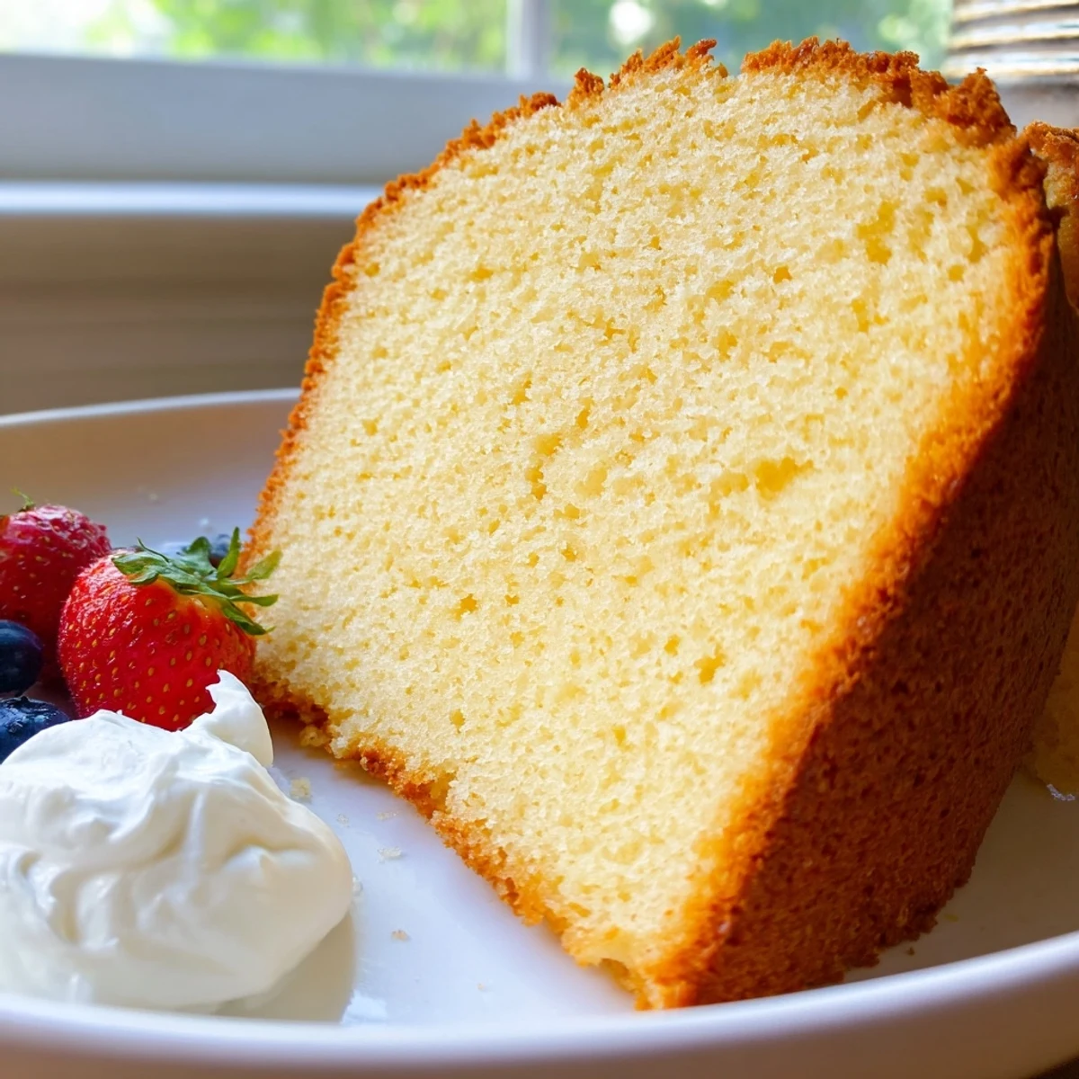 Thick slice of buttery pound cake topped with fresh berries and whipped cream