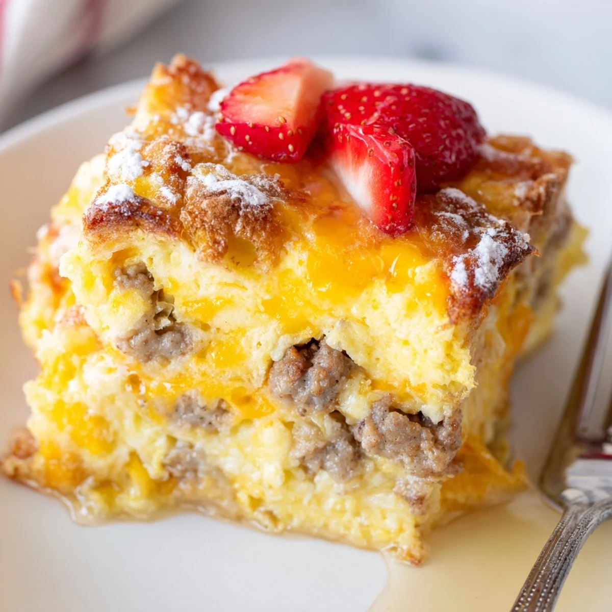 Golden overnight pancake breakfast bake fresh from the oven with melted cheddar
