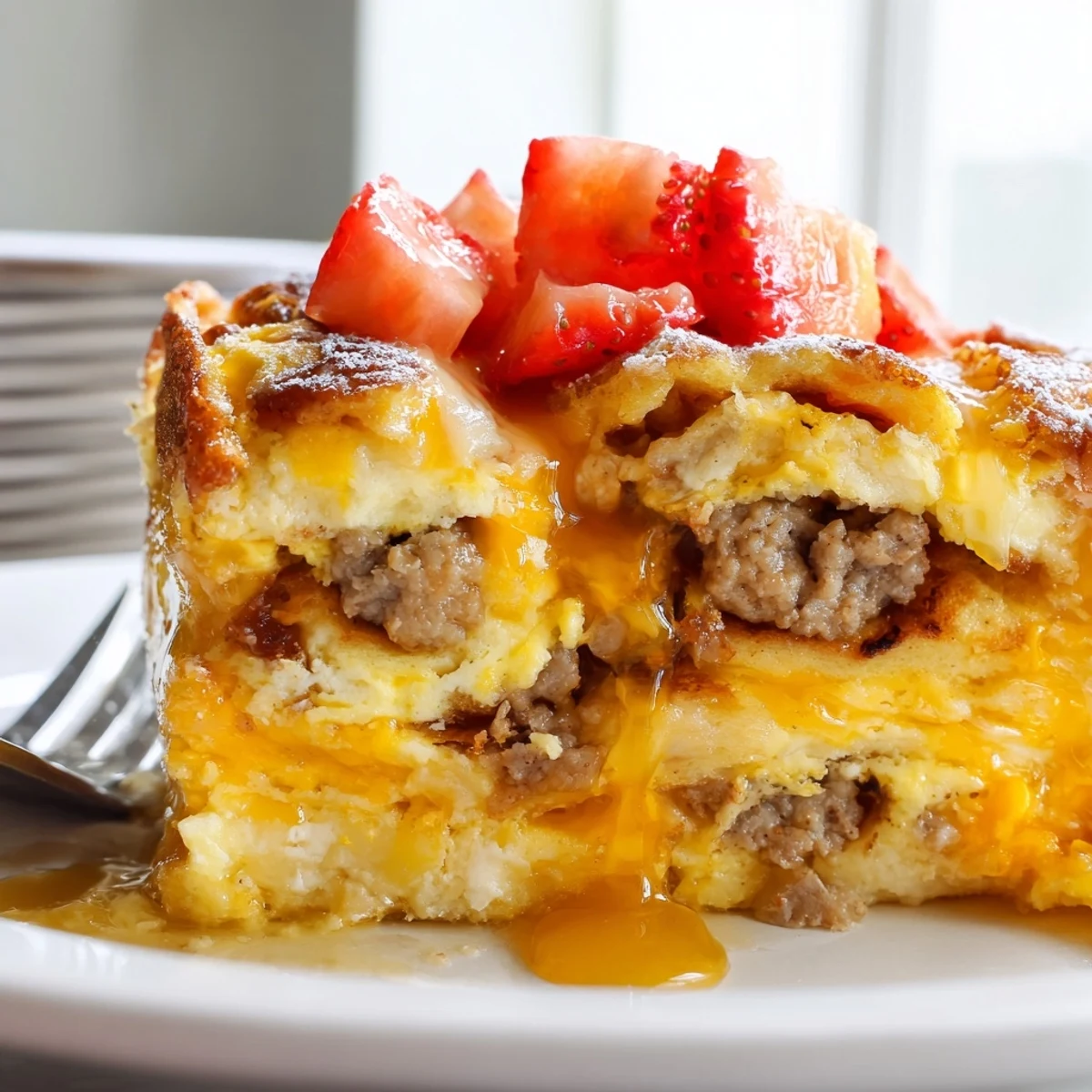 Overnight pancake breakfast bake sliced into squares topped with powdered sugar and berries