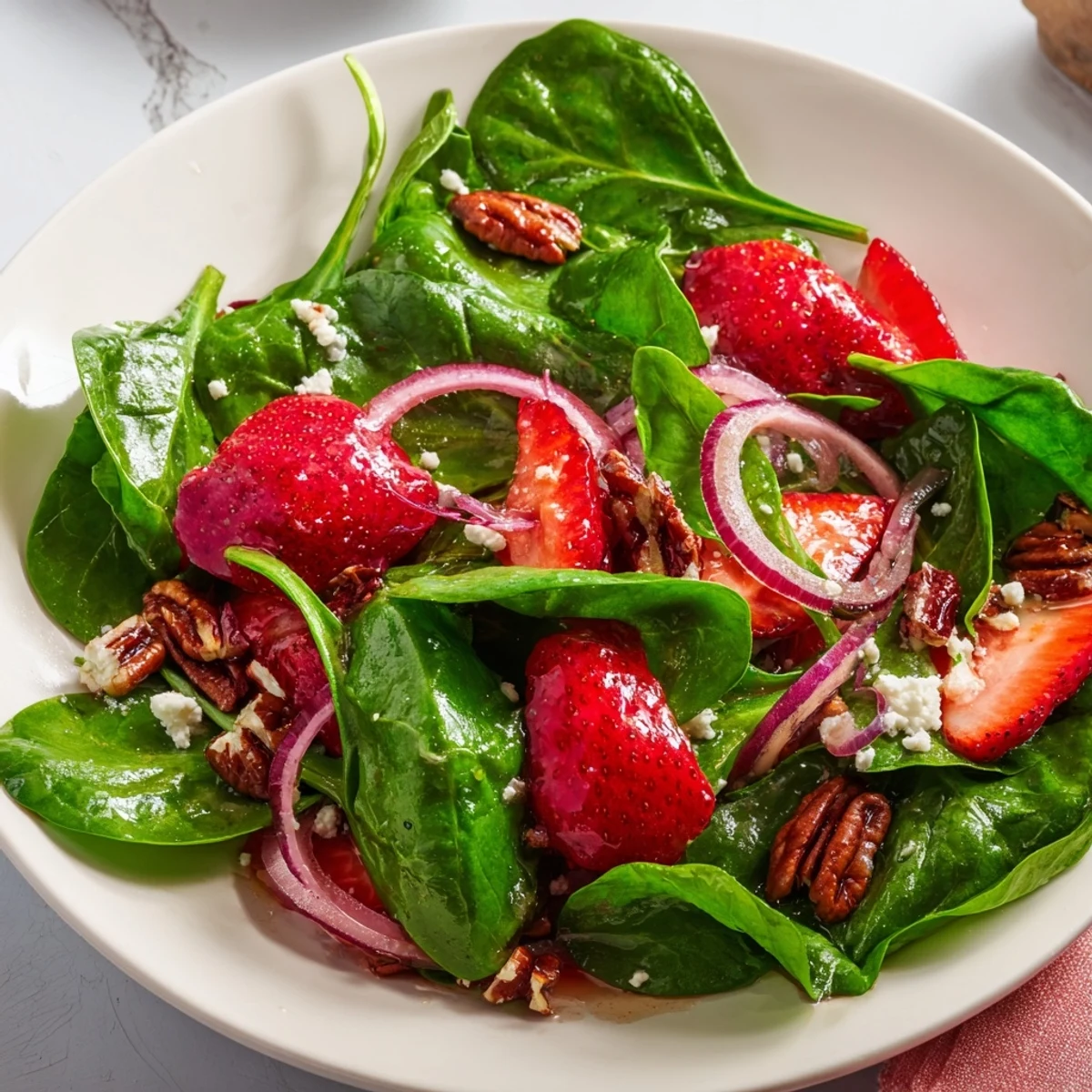 Fresh spinach strawberry salad with pecans drizzled with glossy balsamic vinaigrette on a rustic plate