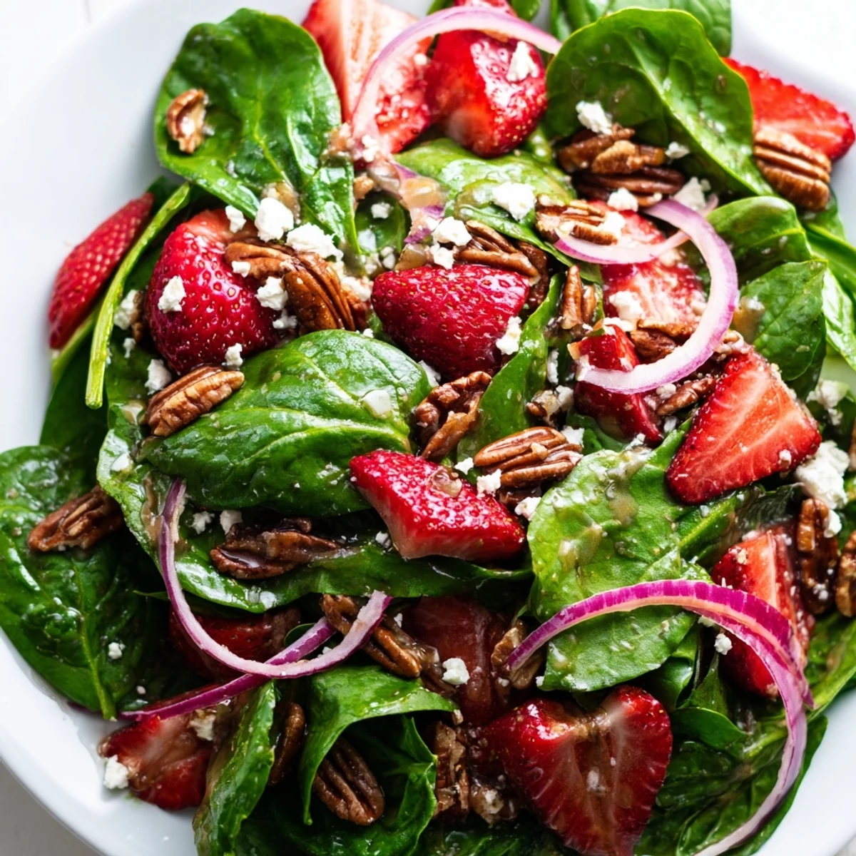Juicy sliced strawberries and tender baby spinach tossed with pecans in a tangy sweet dressing