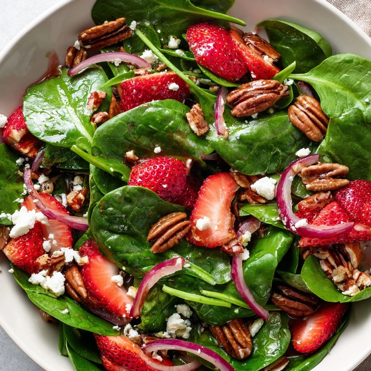 Vibrant spinach strawberry salad topped with crunchy toasted pecans and creamy goat cheese crumbles