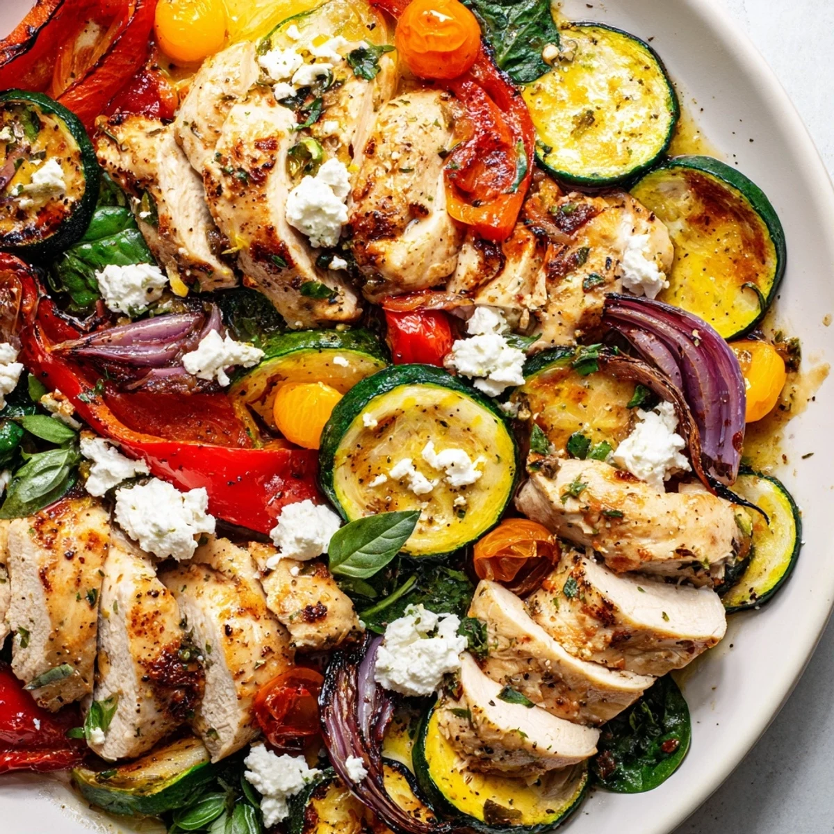 Golden baked chicken breasts surrounded by roasted summer vegetables and crumbled feta cheese in a rustic casserole dish