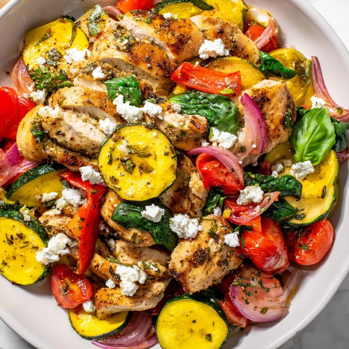 Tender herb-marinated chicken baked with cherry tomatoes, zucchini, and peppers topped with melted feta