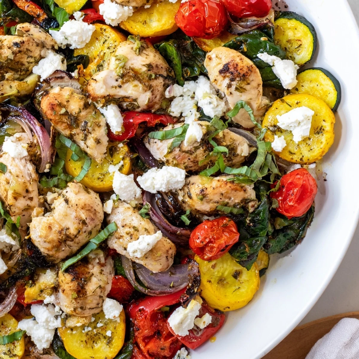 Juicy lemon-garlic chicken bake with vibrant bell peppers, spinach, and fresh basil straight from the oven