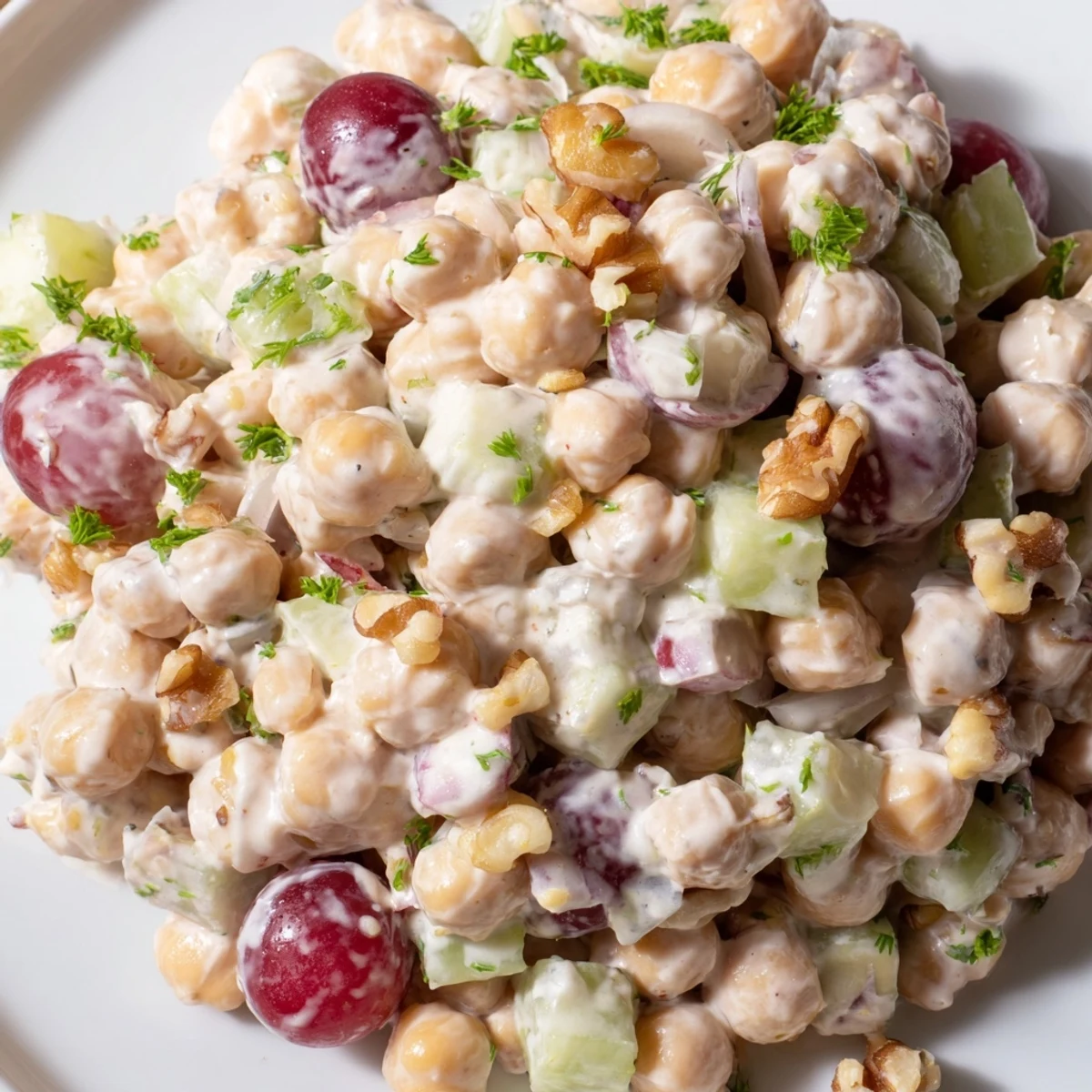 Spoonful of creamy vegan chicken salad served on a bed of leafy greens