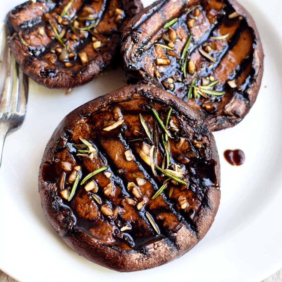 Tender balsamic-marinated Portobello steaks sizzling off the grill, drizzled with rich leftover glaze