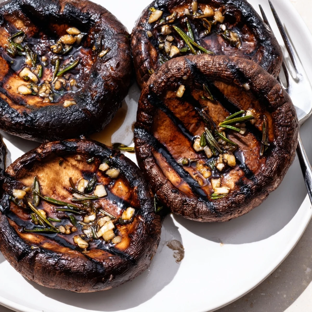 Juicy grilled Portobello steaks with charred edges and fragrant rosemary marinade on a rustic plate