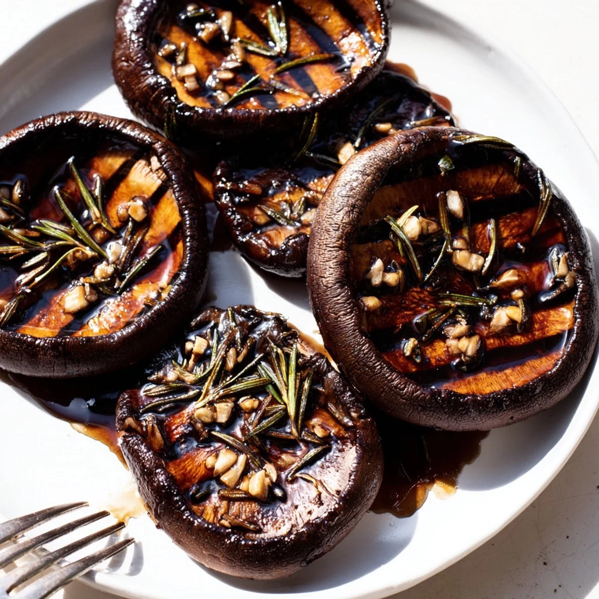 Smoky Portobello steaks served alongside creamy mashed potatoes with fresh herb garnish on top