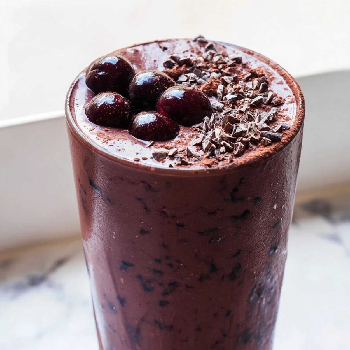 Thick chocolate cherry protein shake topped with fresh cherries in a tall glass