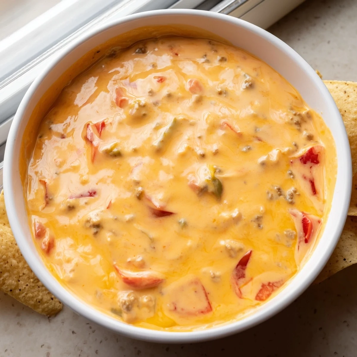 Warm Rotel dip recipe served in a bowl with golden tortilla chips for dipping