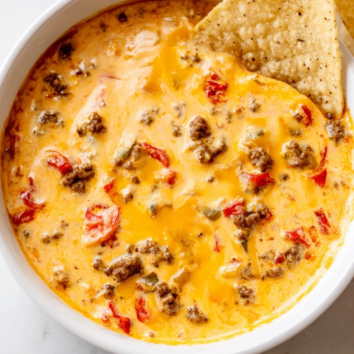 Creamy Rotel dip recipe topped with ground beef and melted cheddar cheese