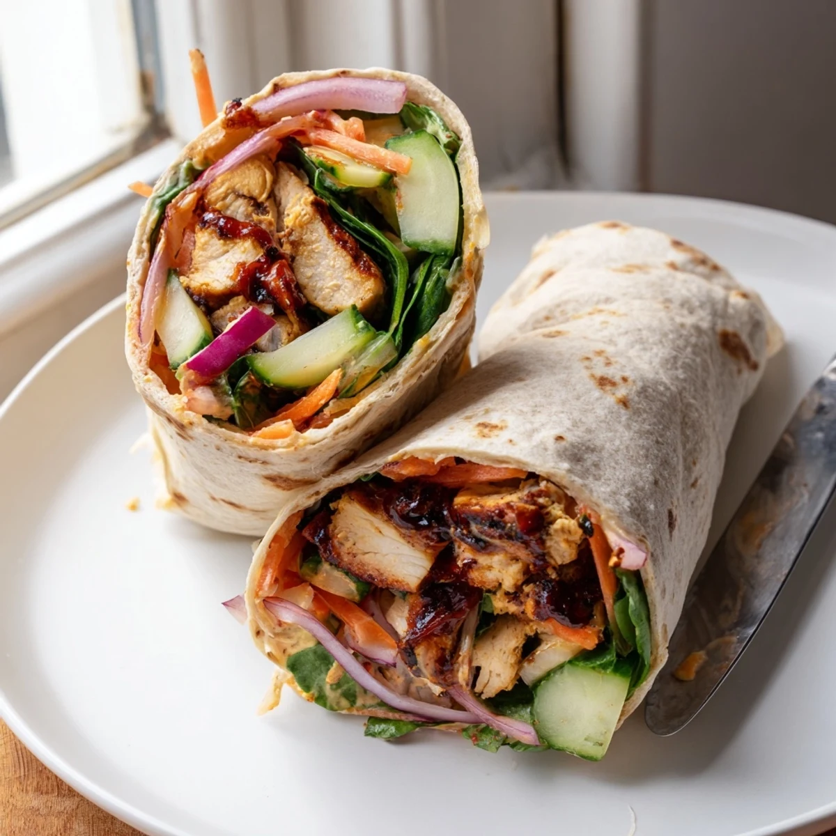 Vegemite charred chicken wrap filled with crisp veggies and creamy tangy sauce