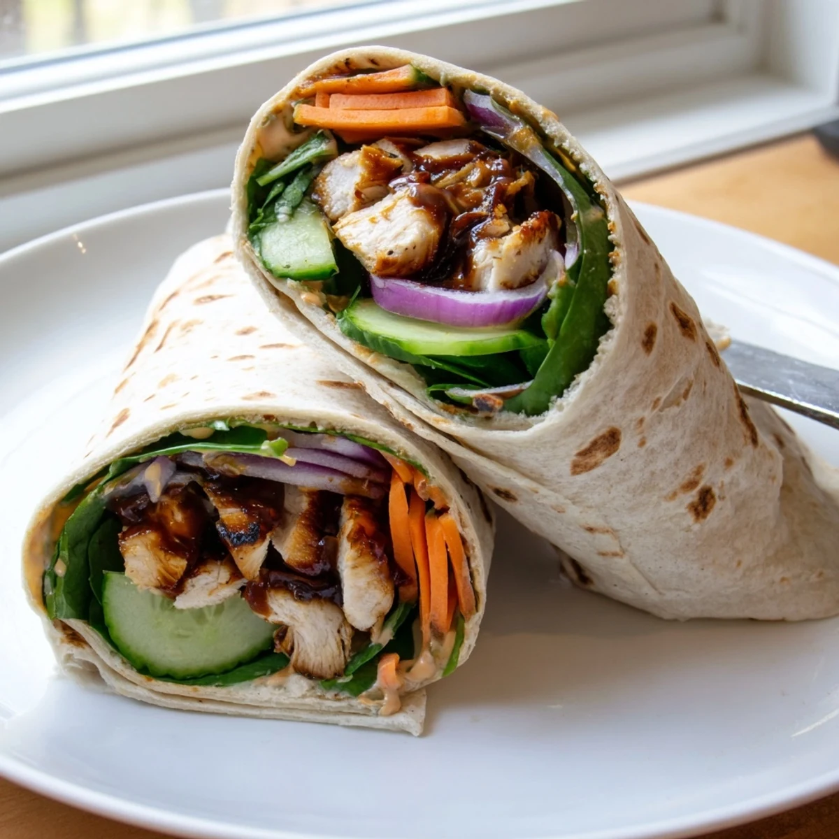 Golden grilled Vegemite charred chicken wrap sliced open to reveal fresh colorful vegetables