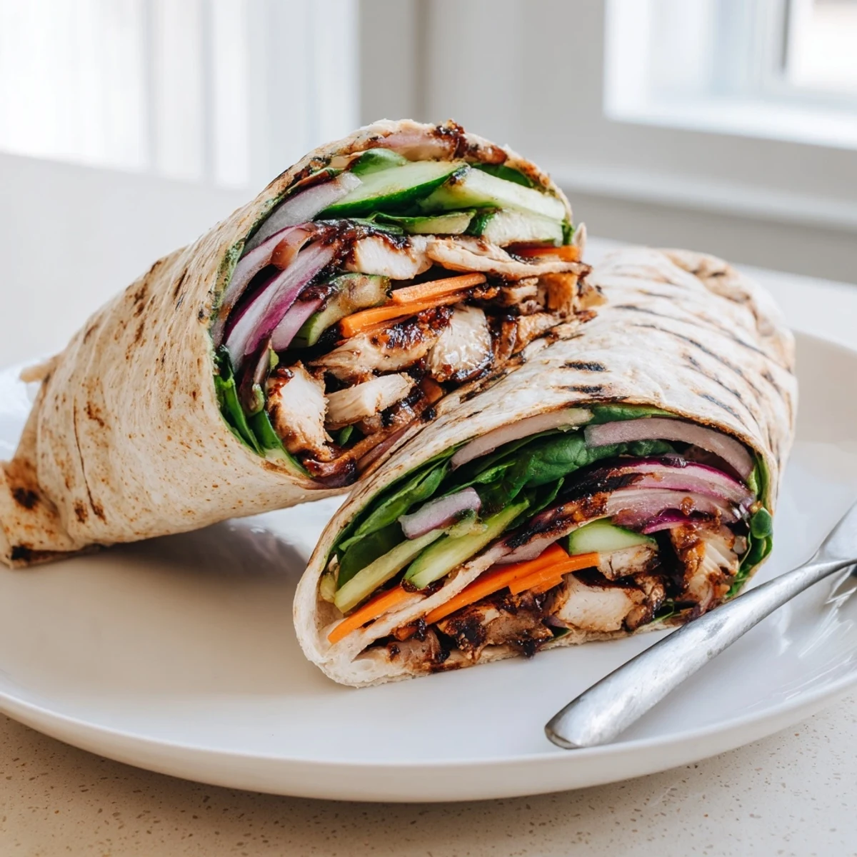 Close-up of Vegemite charred chicken wrap with smoky glazed chicken and crunchy slaw