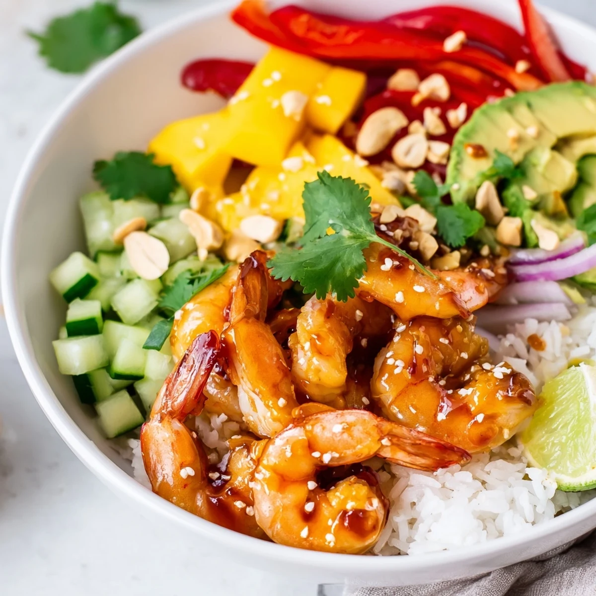 Glossy sweet chili mango shrimp bowl served over fluffy jasmine rice with colorful veggies
