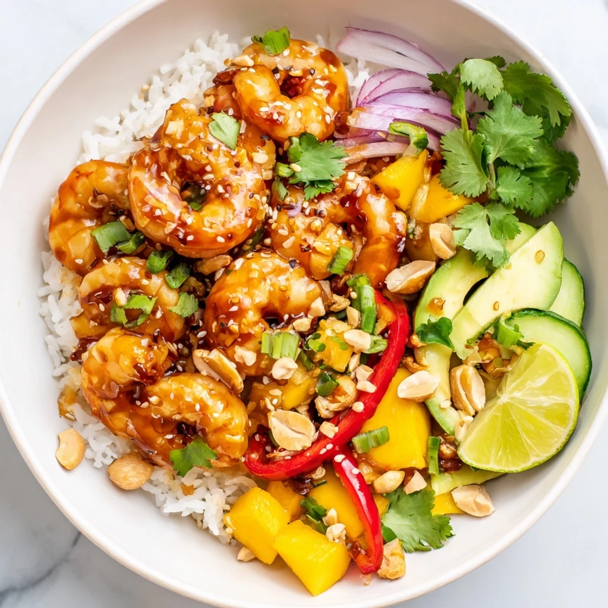 Sweet chili mango shrimp bowl topped with sliced avocado, roasted peanuts, and fresh cilantro