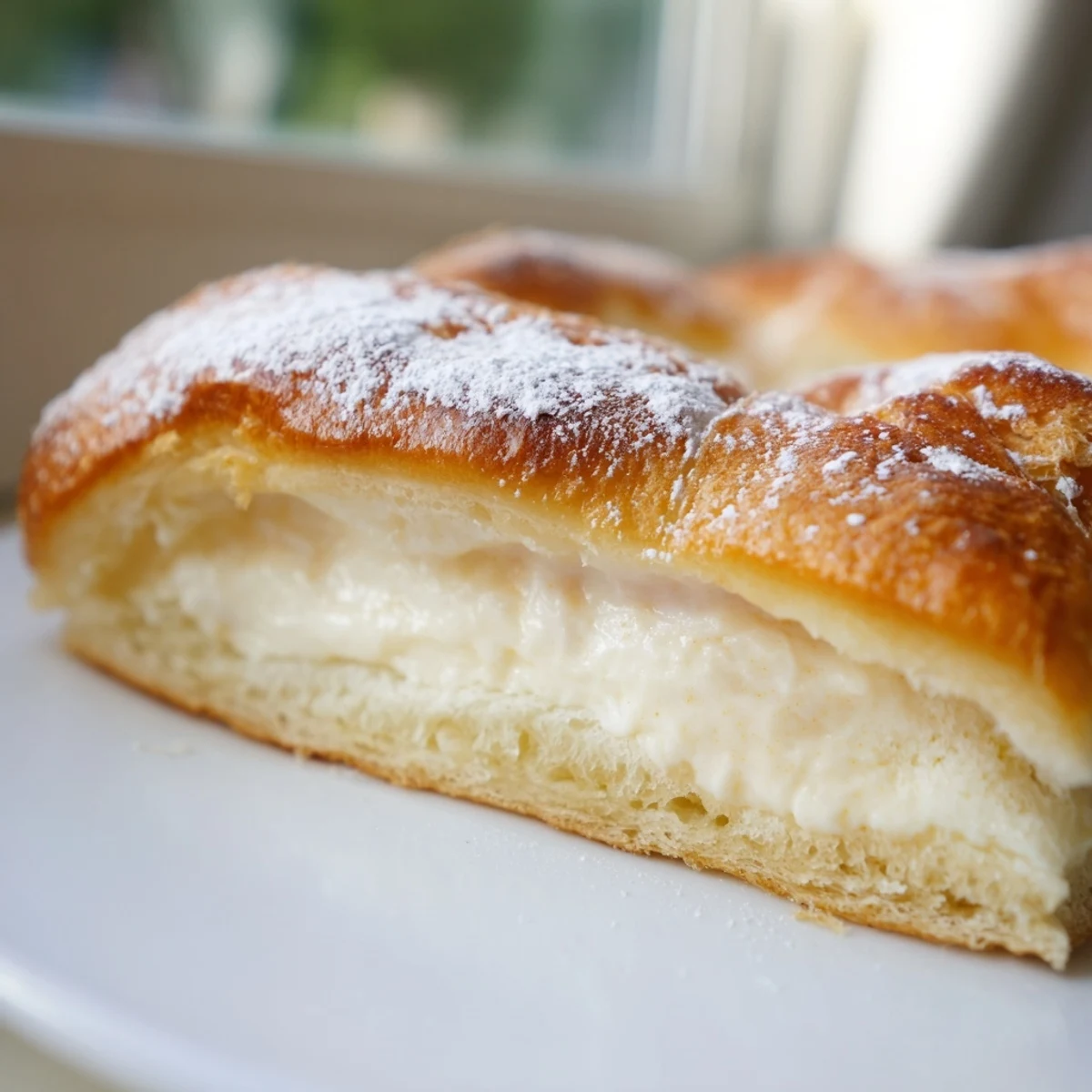 Golden baked custard brioche pizza fresh from the oven with caramelized edges