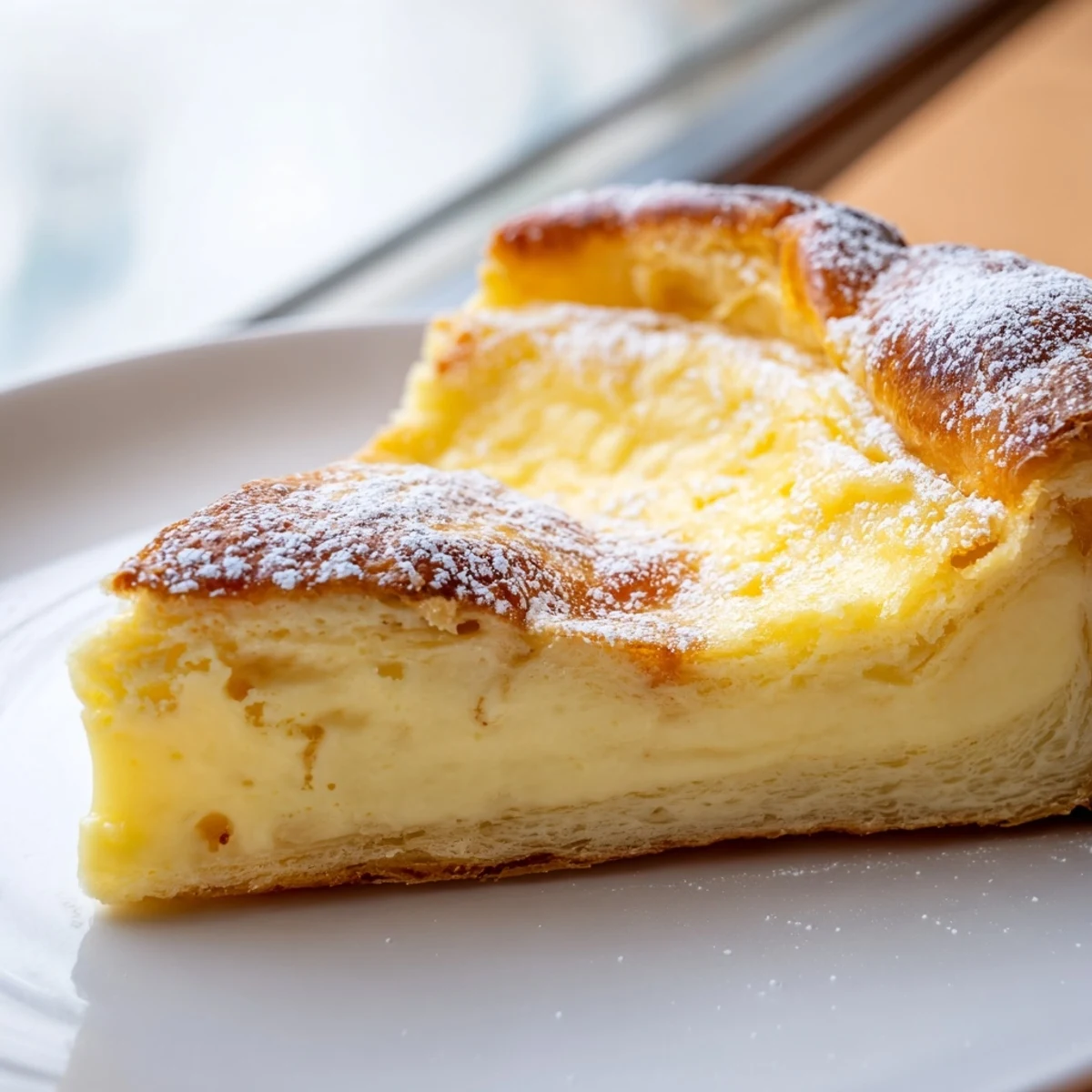 Silky vanilla custard blankets pillowy brioche pizza crust dusted with powdered sugar