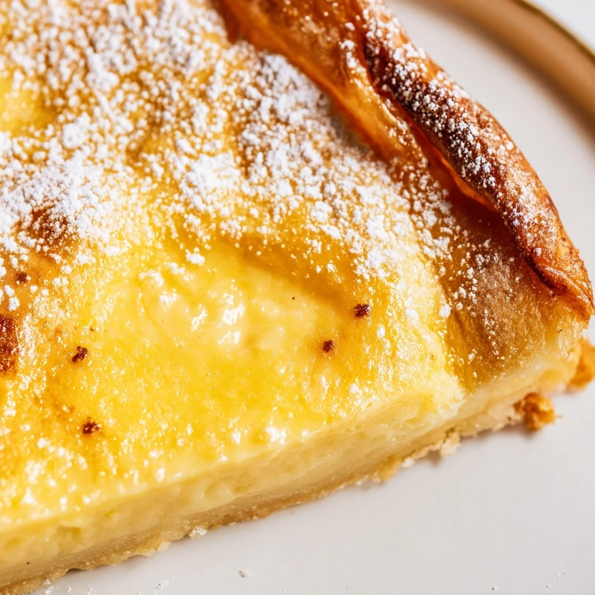 Warm baked custard brioche pizza slice topped with glossy custard and fresh berries