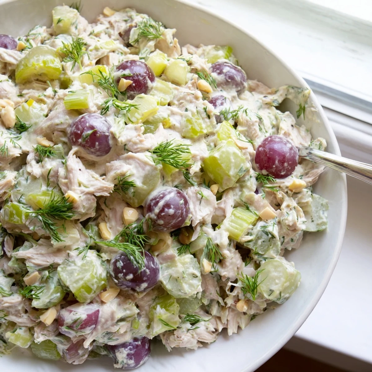 Creamy vegan chicken salad piled on toasted whole grain bread with fresh herbs