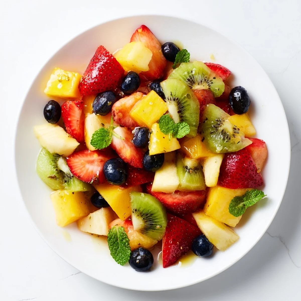 Colorful fruit salad with honey lime dressing glistening on fresh ripe berries and tropical fruits