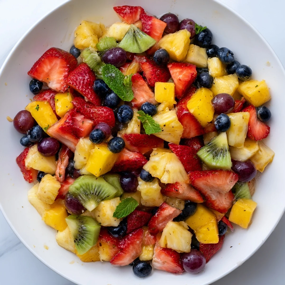 A vibrant bowl of fruit salad with honey lime dressing drizzled over juicy strawberries and mango