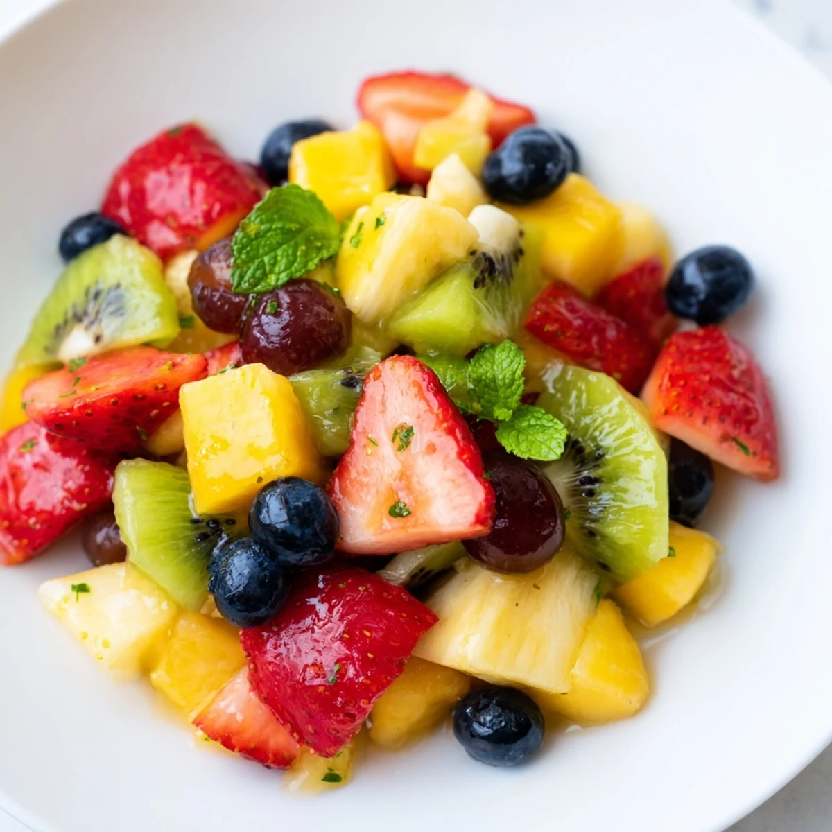 Glossy honey lime dressing coats a rainbow of fresh fruit salad served in a white bowl