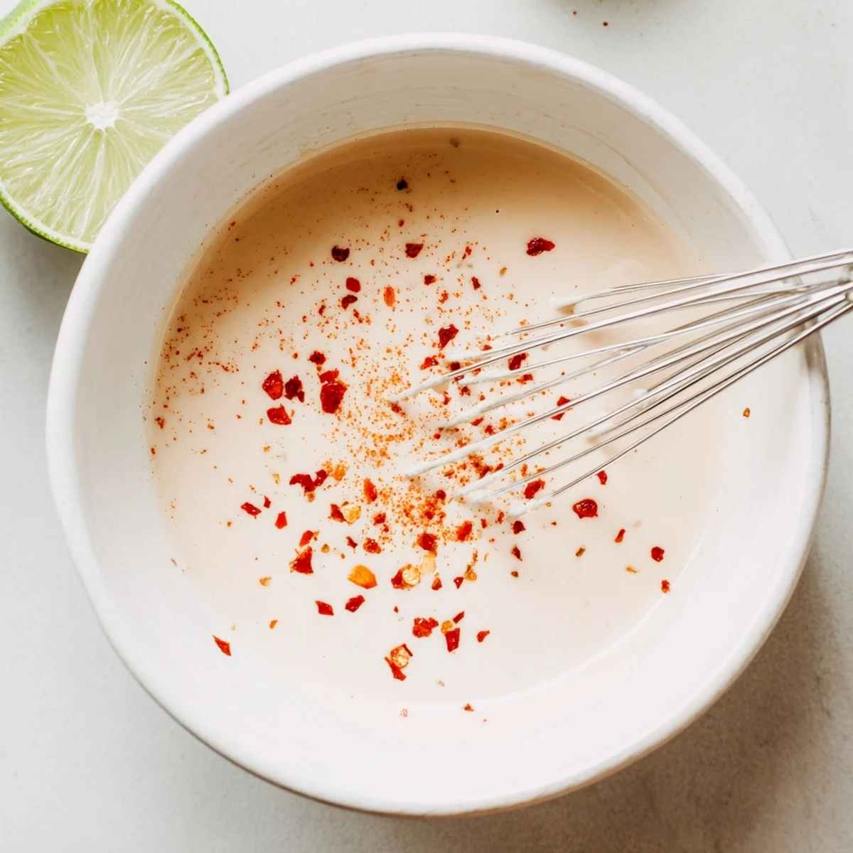 Creamy chili lime tahini sauce drizzled over a crisp summer salad