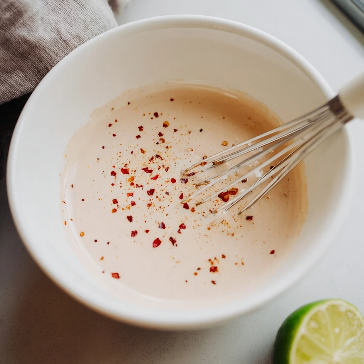 Smooth chili lime tahini sauce in a bowl with roasted vegetables