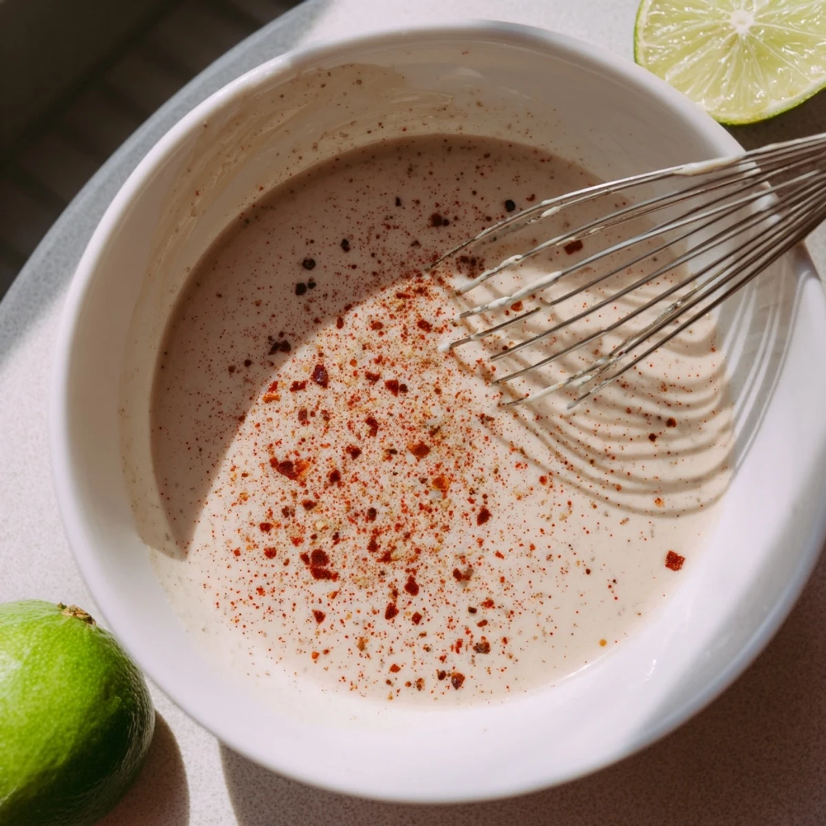 Tangy chili lime tahini sauce served as a dip alongside fresh-cut veggies