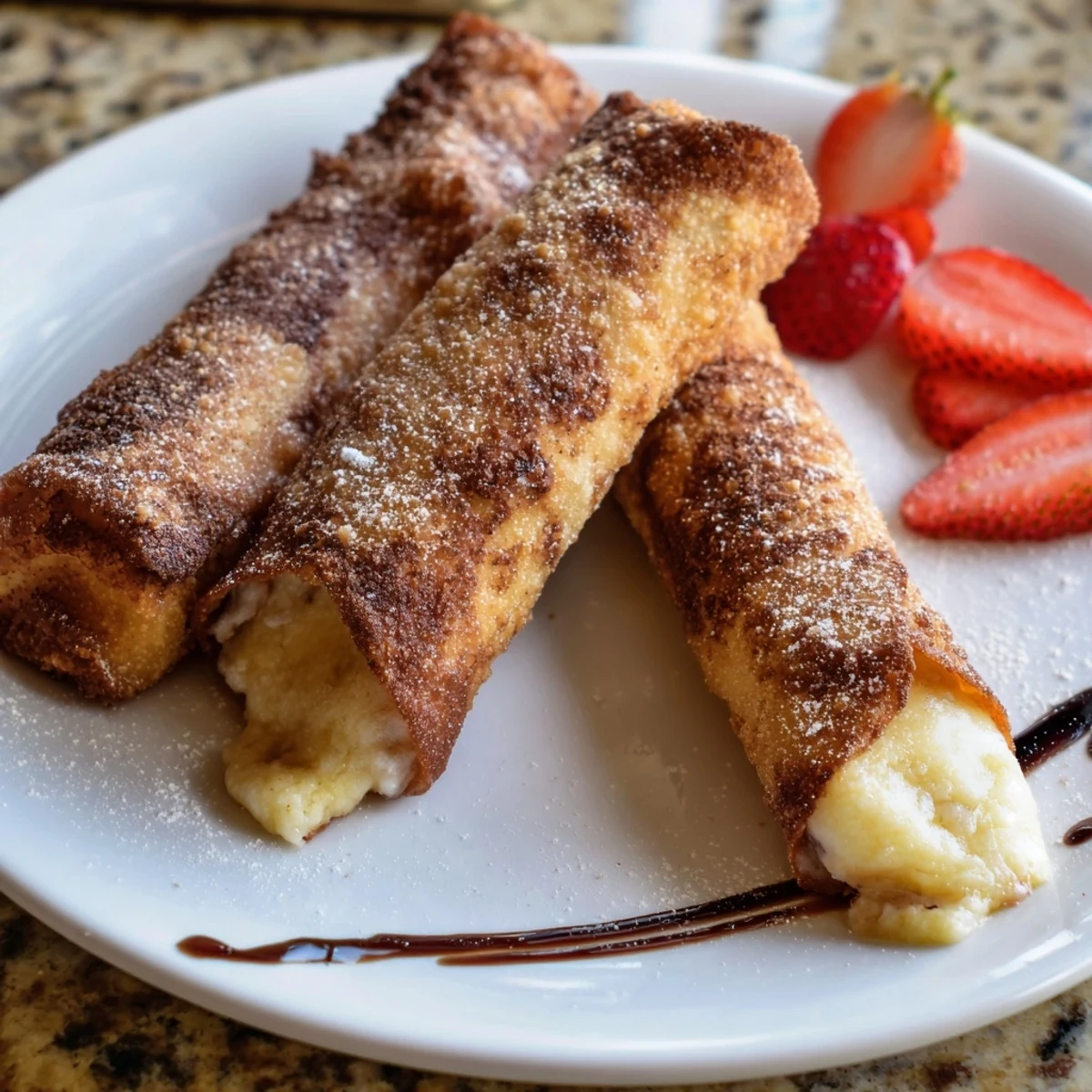 Golden crispy cheesecake egg rolls dusted with powdered sugar on a rustic plate