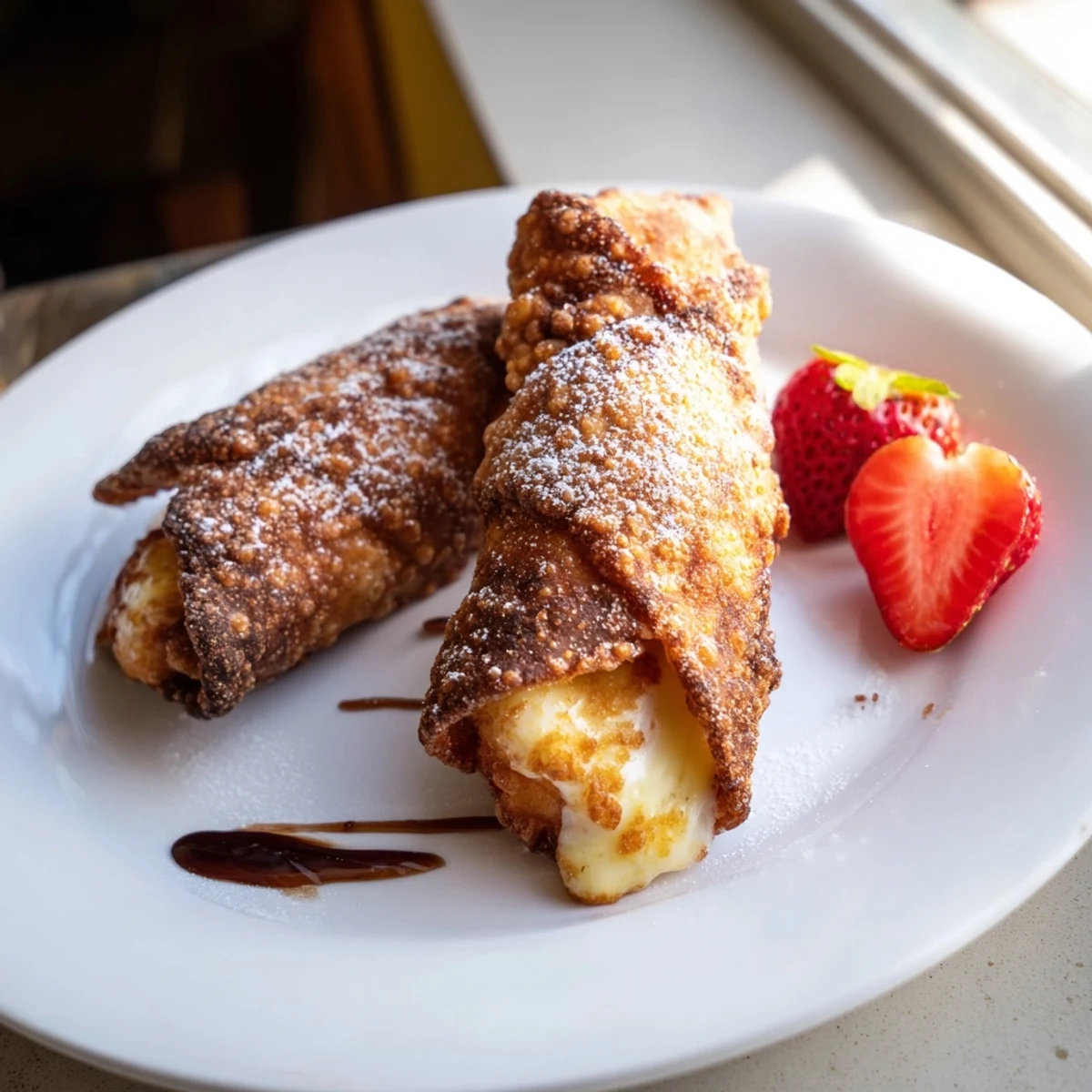 Creamy cheesecake egg rolls drizzled with chocolate sauce beside fresh red strawberries