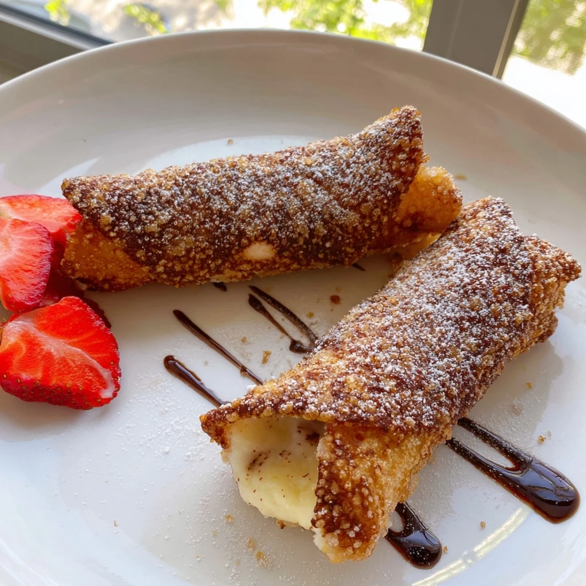 Crunchy deep-fried cheesecake egg rolls served warm with sweet berry compote dipping sauce