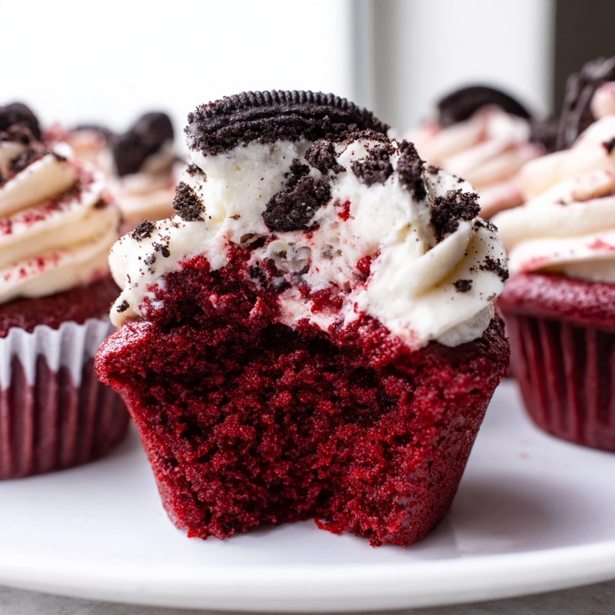 Moist Red Velvet Oreo Cupcakes with swirls of tangy cream cheese frosting and cookie crumbs