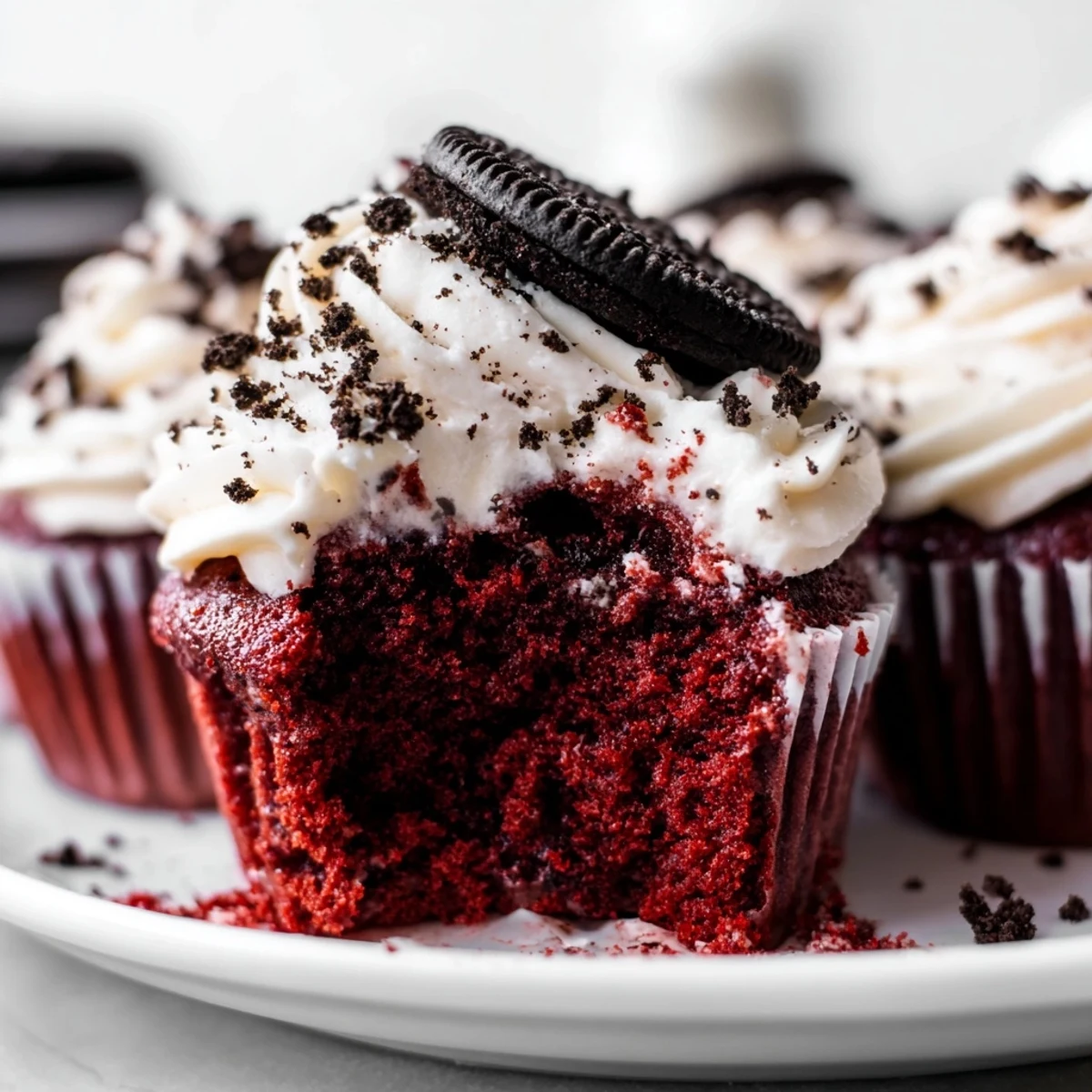 Red Velvet Oreo Cupcakes topped with creamy cookies and cream frosting on a rustic plate