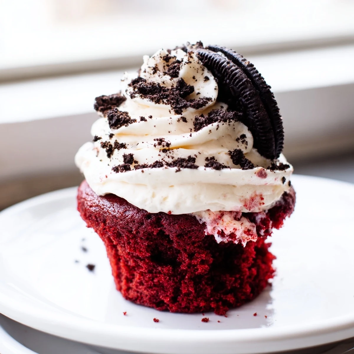 Freshly baked Red Velvet Oreo Cupcakes piled high with fluffy Oreo studded cream cheese frosting