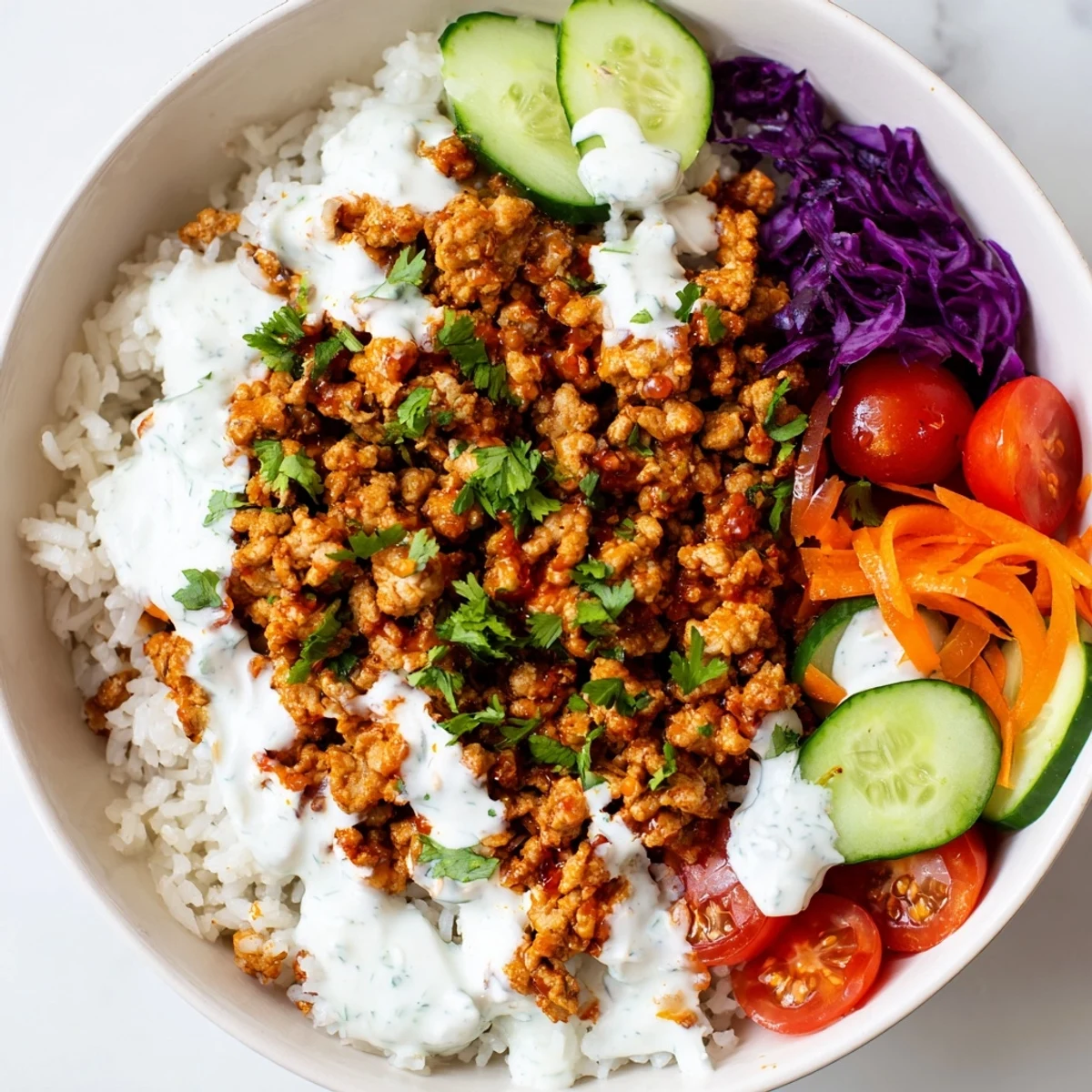A steaming spiced turkey rice bowl topped with colorful fresh vegetables and creamy sauce