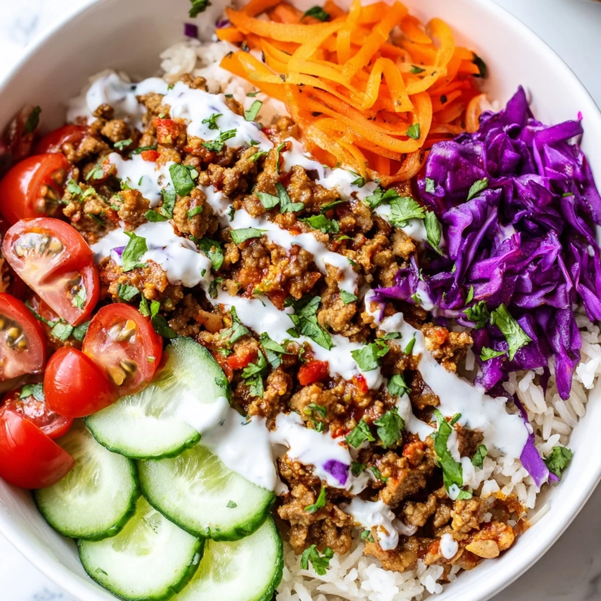 Warm aromatic spiced turkey rice bowls layered over fluffy jasmine rice with crisp veggies
