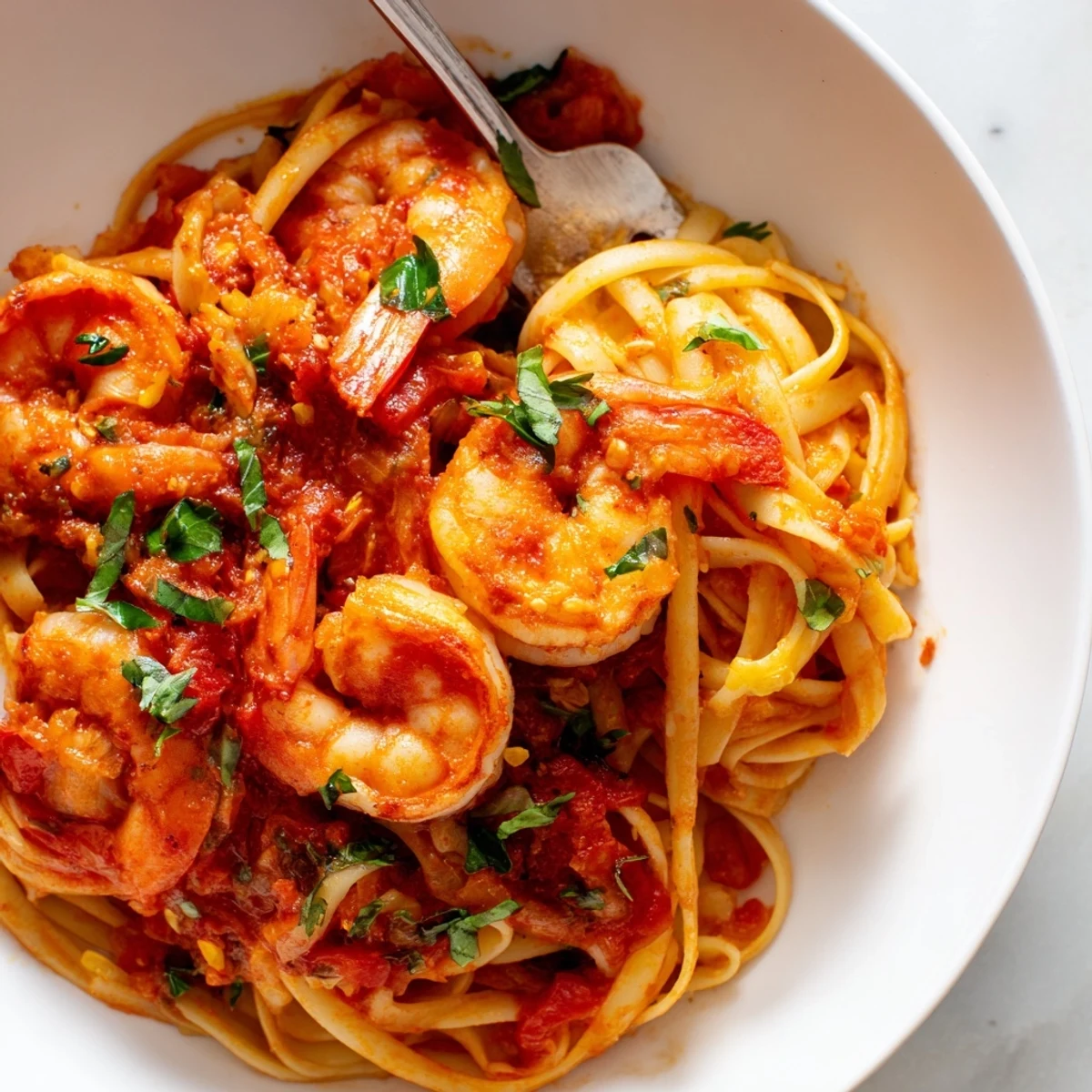 Plump shrimp simmered in a fiery red tomato sauce, garnished with fresh parsley