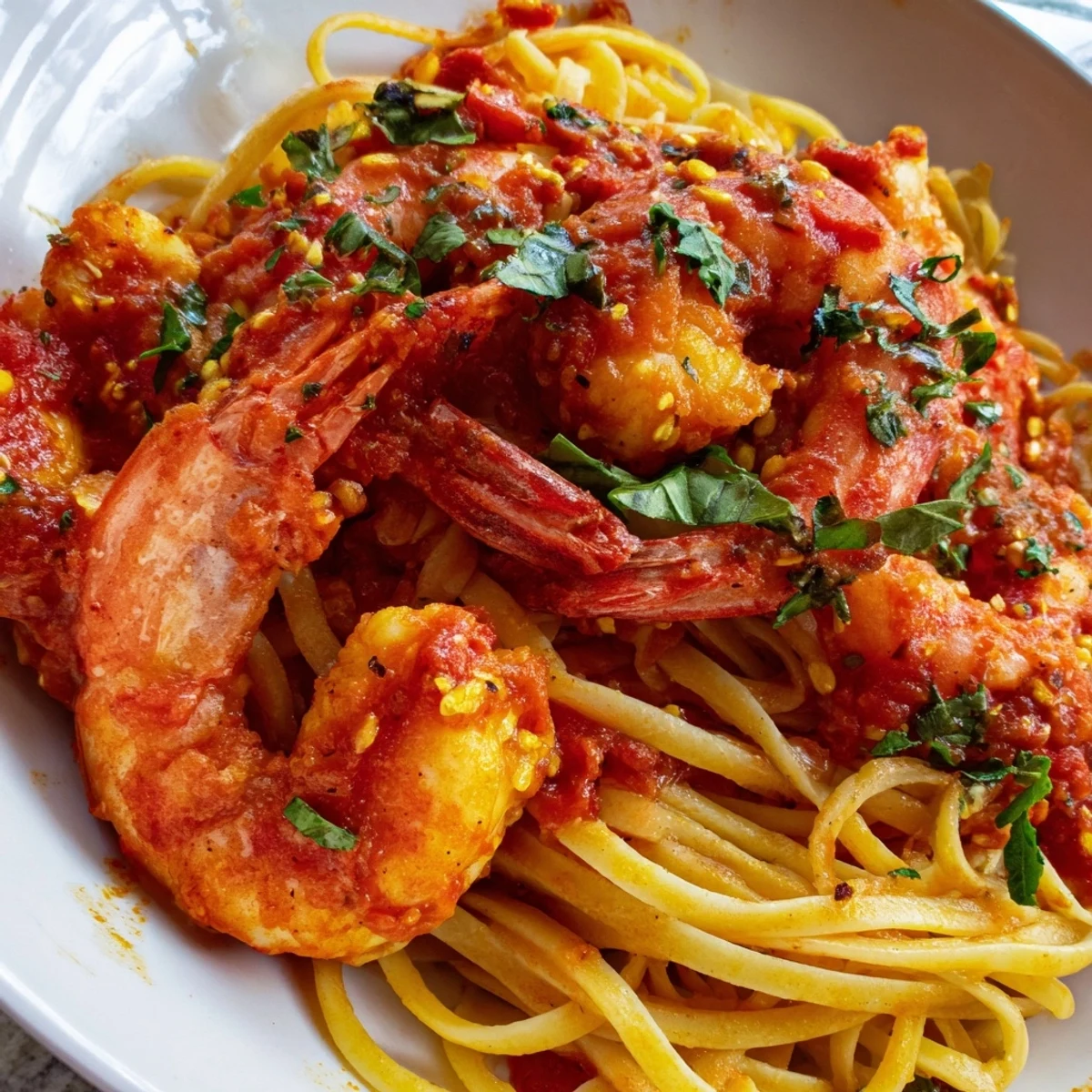 Golden seared shrimp nestled in a chunky, herb-flecked crushed tomato sauce