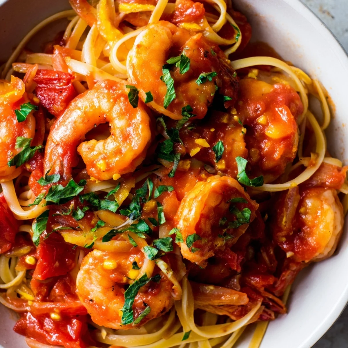 Succulent shrimp coated in a rich, wine-infused spicy tomato sauce over linguine
