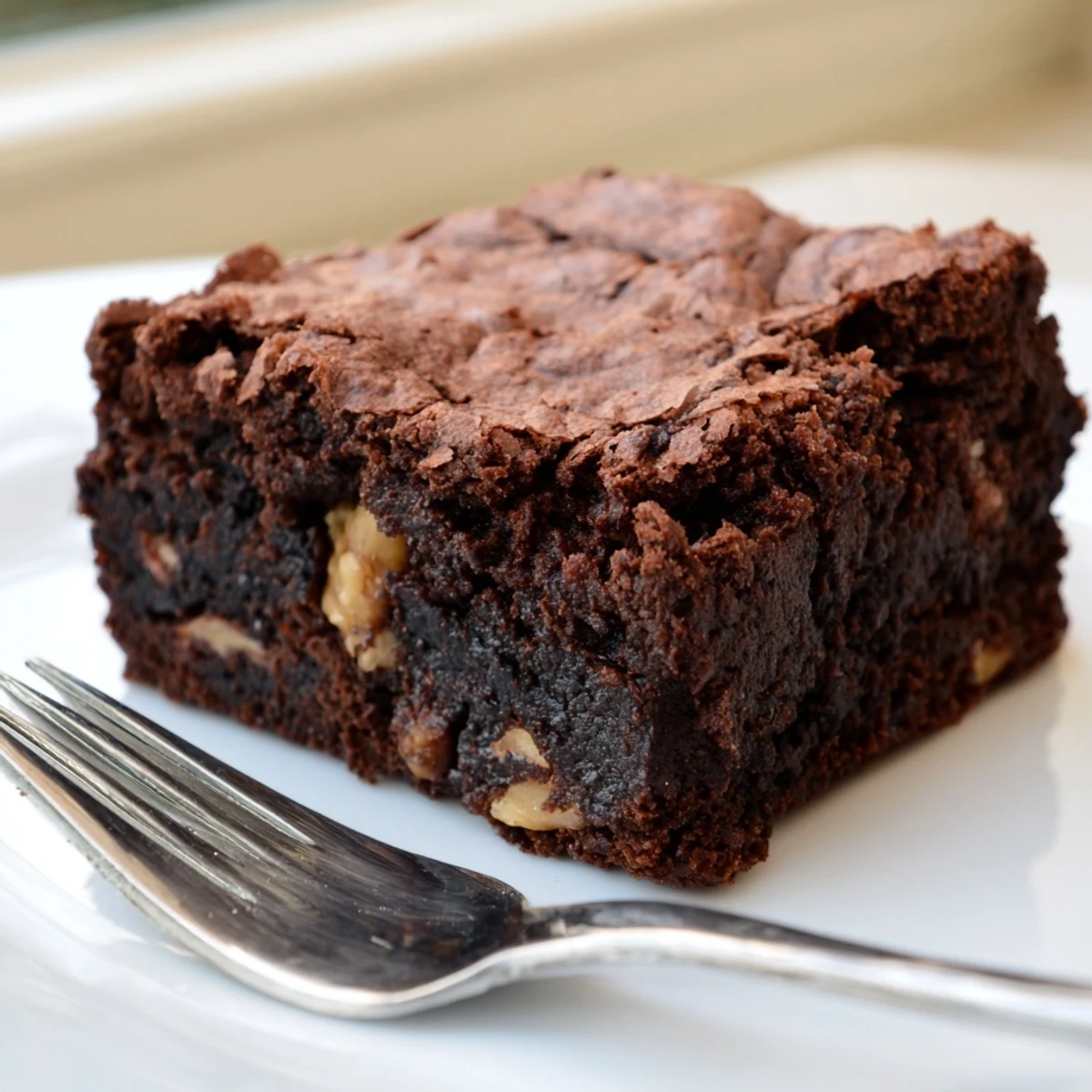 Fudgy homemade brownies with a crackly top, cut into gooey squares on a rustic board